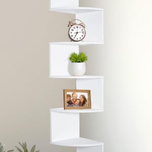 Greenco 5-Tier Floating Corner Shelf, Wall Organizer, Easy-to-Assemble Storage for Bedrooms, Bathroom, Kitchen, Offices, Living Rooms - White