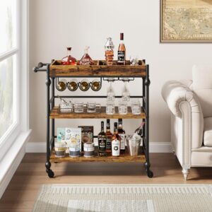 3-Tier Industrial Bar Cart with Wine Rack, Glasses Holder, Removable Tray - Rustic Brown, for Kitchen, Living Room, Dining Room