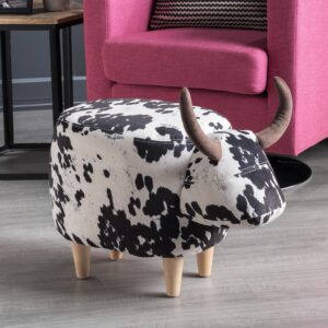 Christopher Knight Home Bessie Patterned Velvet Cow Ottoman, Black And White Cow Hide / Natural