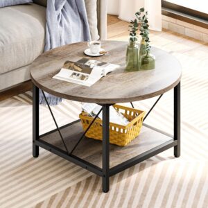 YITAHOME Round Coffee Table: Rustic Wood, Storage Shelf, Modern Farmhouse Design, Sturdy Metal Legs - Grey Wash