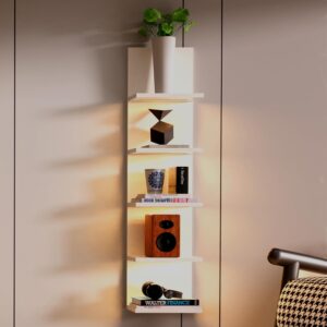 Bloddream 5-Tier Wall Shelves with LED, White, Floating Storage & Decor Organizer